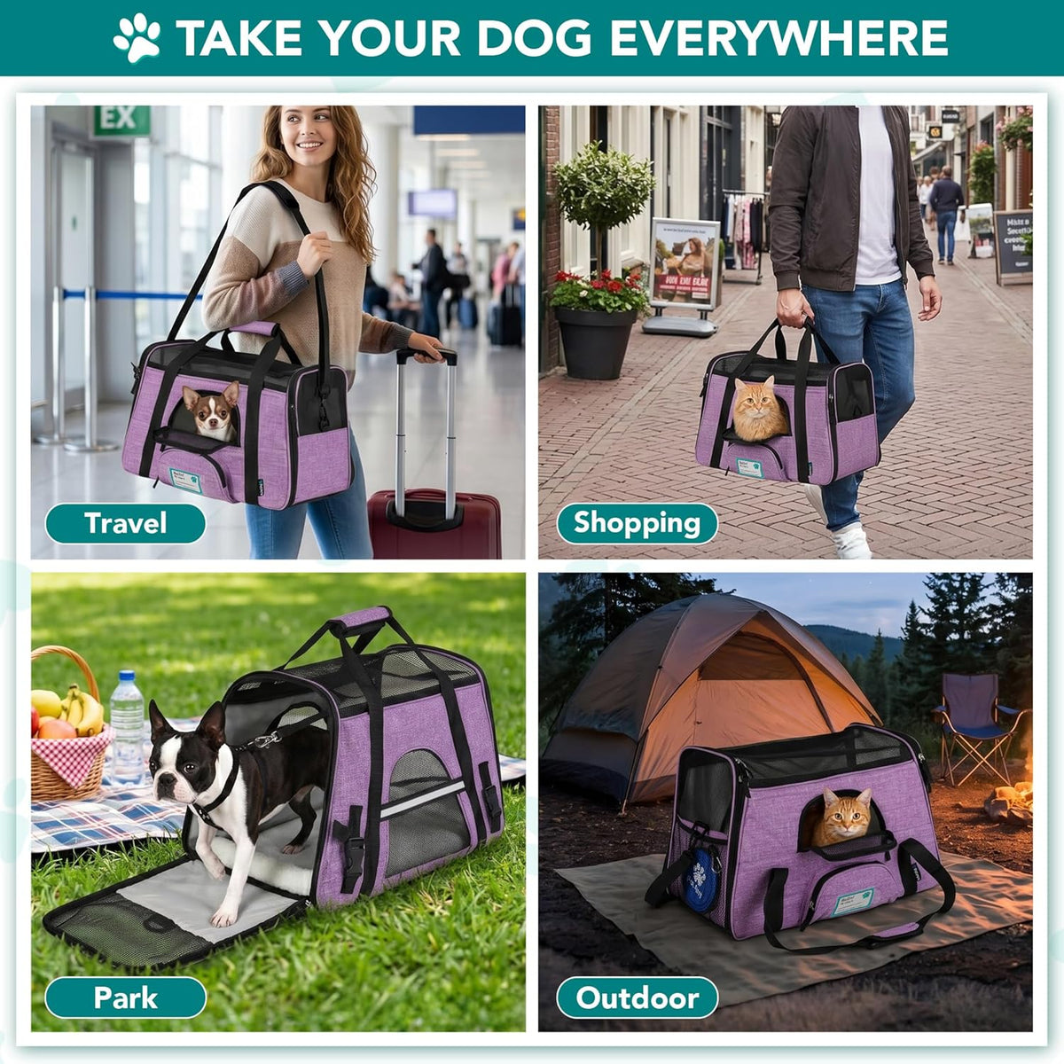 Large Heather Purple Airline Approved Pet Carrier for Cats & Small Dogs
