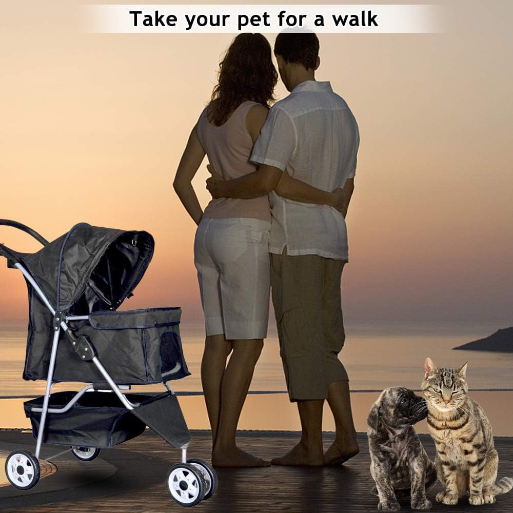 Lightweight 3-Wheel Pet Stroller for Small to Medium Dogs & Cats - Foldable, Breathable Mesh, Weather Cover & Storage Basket - Ideal for Daily Walks & Outdoor Travel (Black)