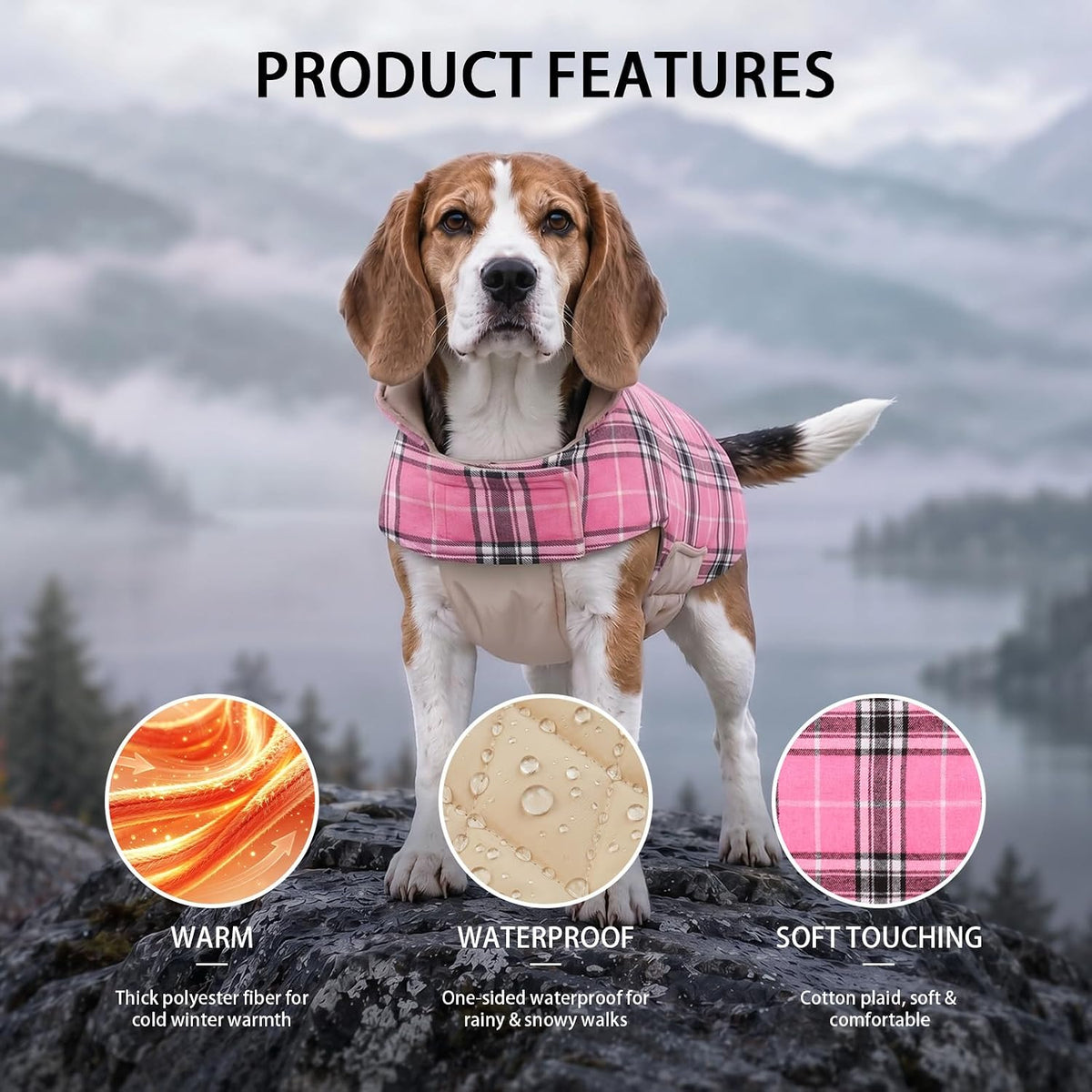 Dog Jacket for Winter,Reversible Dog Coat with Leash Hole, Pink, 3XL