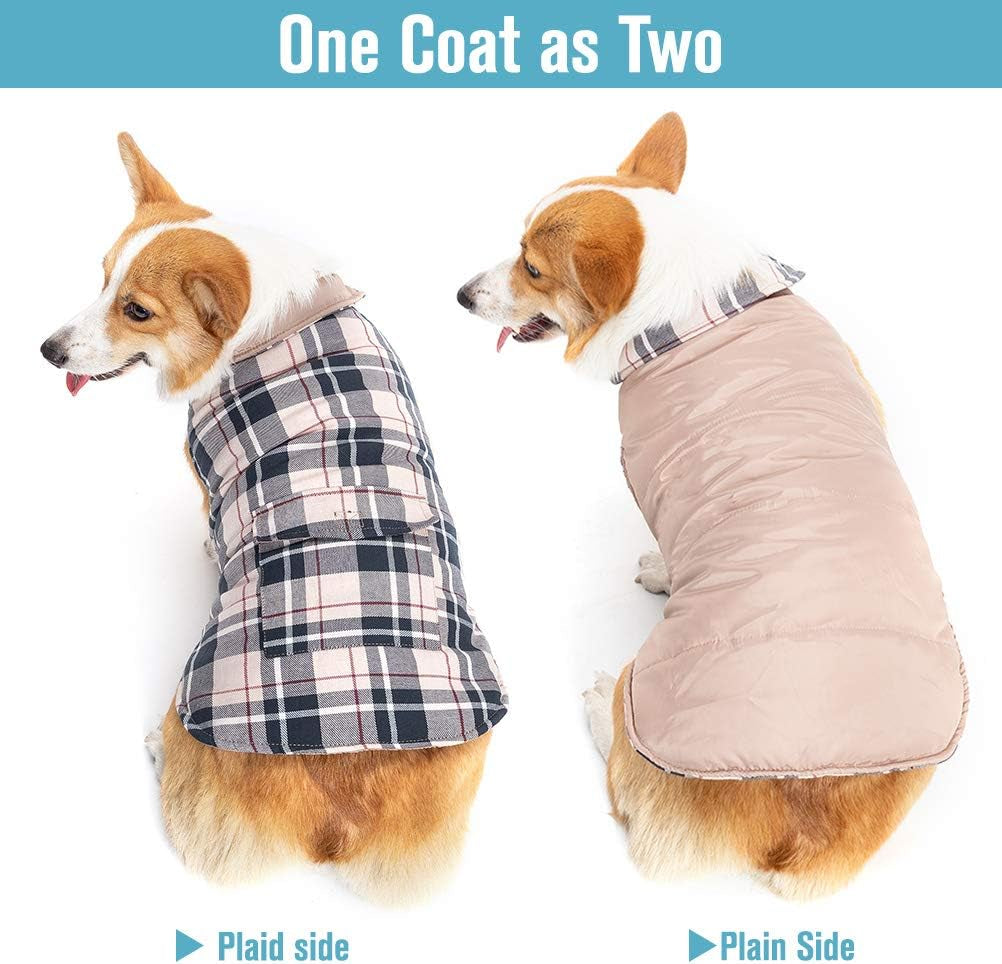 Reversible Dog Winter Jacket - Warm, Windproof & Waterproof Plaid Vest for Small to Large Dogs - Perfect Christmas Coat for Cold Weather - Cream L