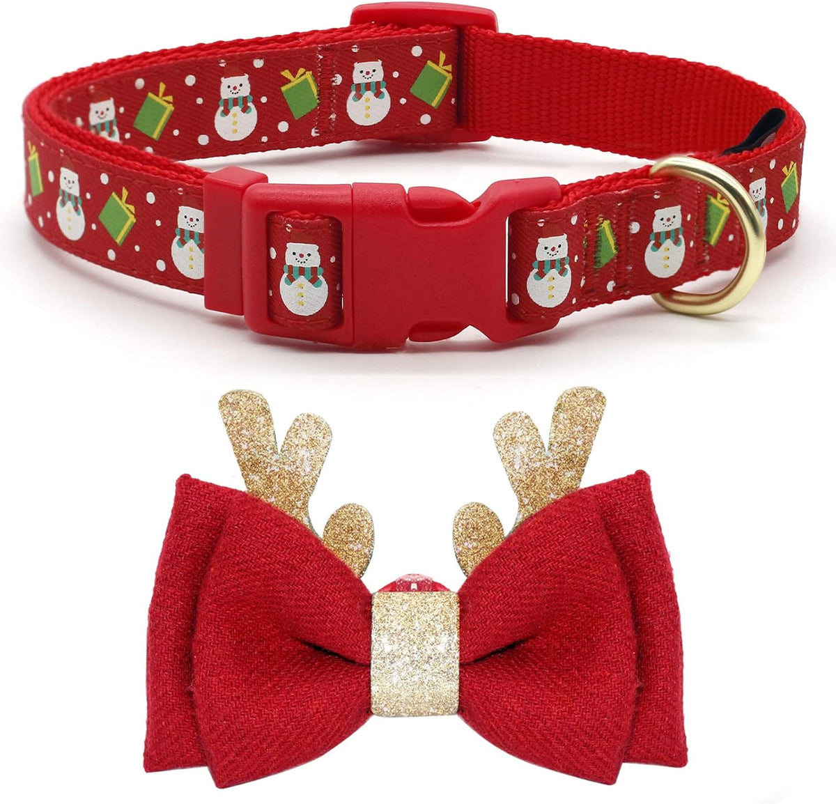 Festive Adjustable Christmas Dog Collar with Antler Bow Tie & Snowman Accessory for Medium Dogs