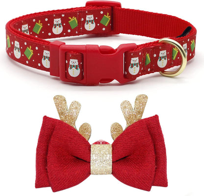 Festive Adjustable Christmas Dog Collar with Antler Bow Tie & Snowman Accessory for Medium Dogs