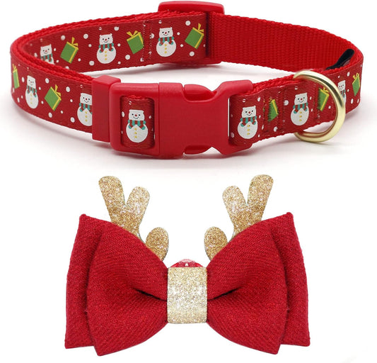 Festive Adjustable Christmas Dog Collar with Antler Bow Tie & Snowman Accessory for Medium Dogs