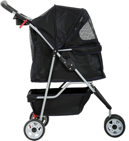 Lightweight 3-Wheel Pet Stroller for Small to Medium Dogs & Cats - Foldable, Breathable Mesh, Weather Cover & Storage Basket - Ideal for Daily Walks & Outdoor Travel (Black)