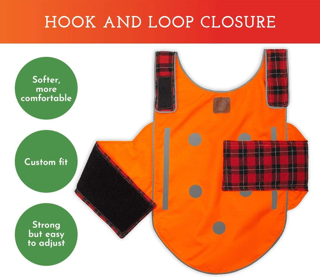 Reversible Reflective Dog Vest - High Visibility Safety Apparel for Walking, Hiking & Hunting (Blaze Orange & Red Plaid, XL)