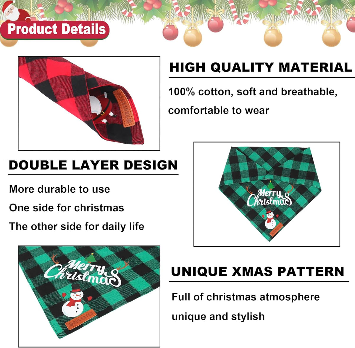 Holiday Cheer 2-Pack Dog Bandanas - Classic Plaid Santa & Snowman Kerchiefs for Medium & Large Pets