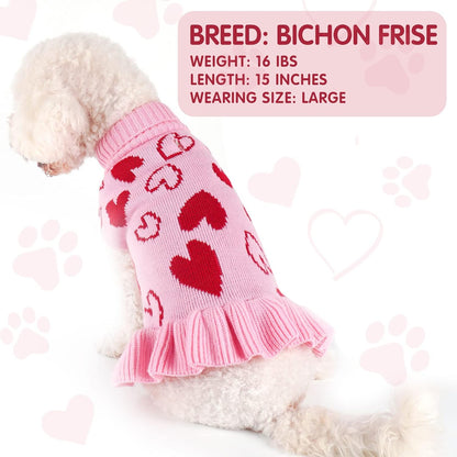 Charming Turtleneck Heart Sweater Dress for Dogs - Perfect Valentine's Outfit!