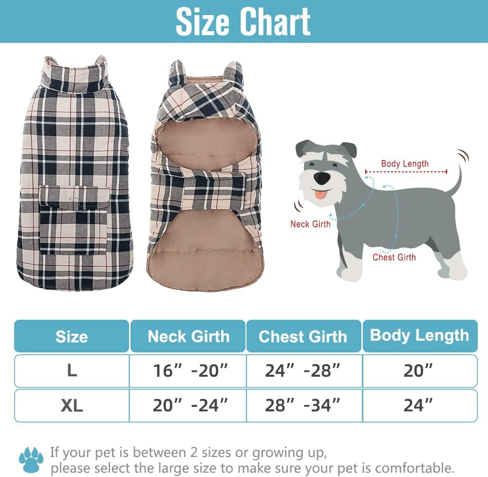 Reversible Dog Winter Jacket - Warm, Windproof & Waterproof Plaid Vest for Small to Large Dogs - Perfect Christmas Coat for Cold Weather - Cream L