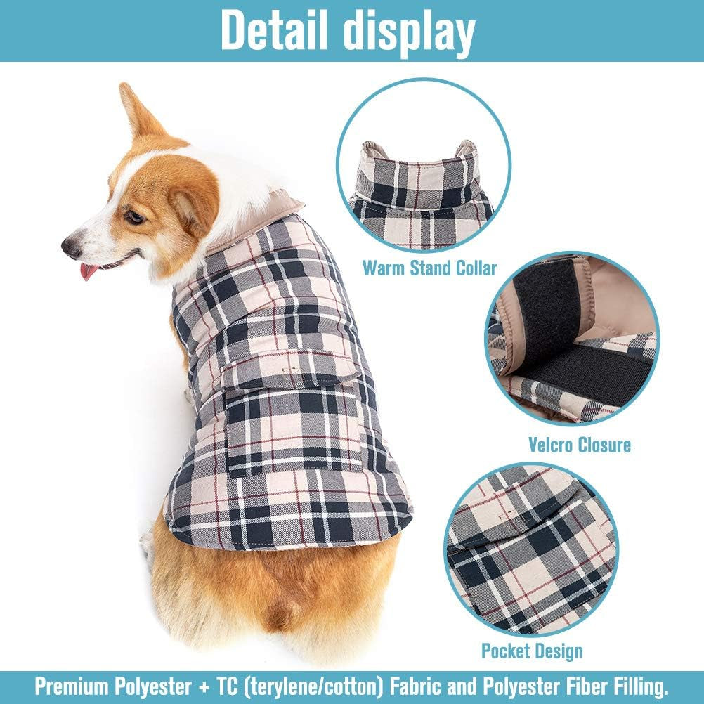 Reversible Dog Winter Jacket - Warm, Windproof & Waterproof Plaid Vest for Small to Large Dogs - Perfect Christmas Coat for Cold Weather - Cream L
