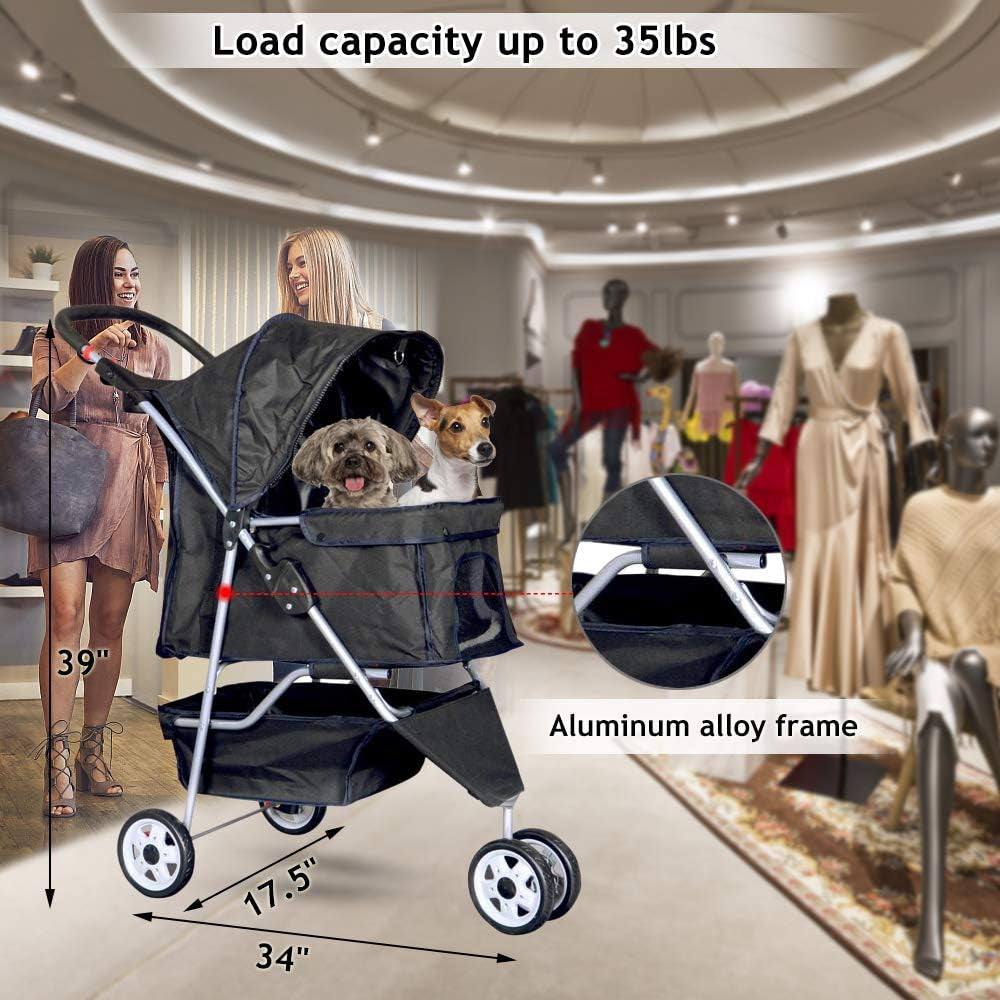 Lightweight 3-Wheel Pet Stroller for Small to Medium Dogs & Cats - Foldable, Breathable Mesh, Weather Cover & Storage Basket - Ideal for Daily Walks & Outdoor Travel (Black)