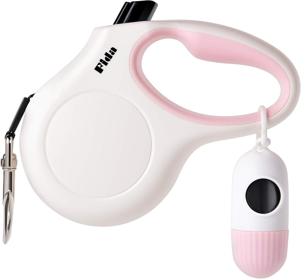 10-Foot Retractable Dog Leash with Integrated Dispenser and Waste Bags in White and Pink