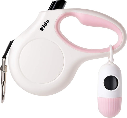 10-Foot Retractable Dog Leash with Integrated Dispenser and Waste Bags in White and Pink