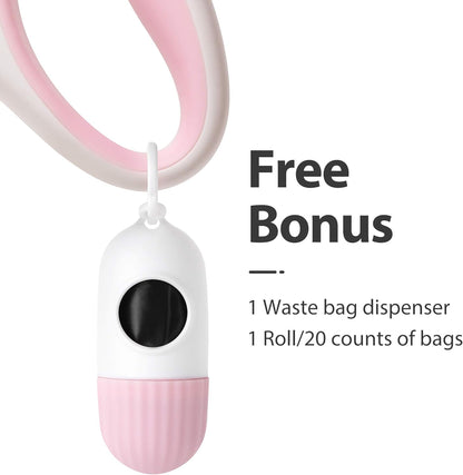 10-Foot Retractable Dog Leash with Integrated Dispenser and Waste Bags in White and Pink