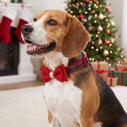 Christmas Dog Collar, Plaid Dog Collar and Cute Glitter Reindeer Antler with Bowtie, Soft & Comfy Xmas Dog Collars, for Large Dogs