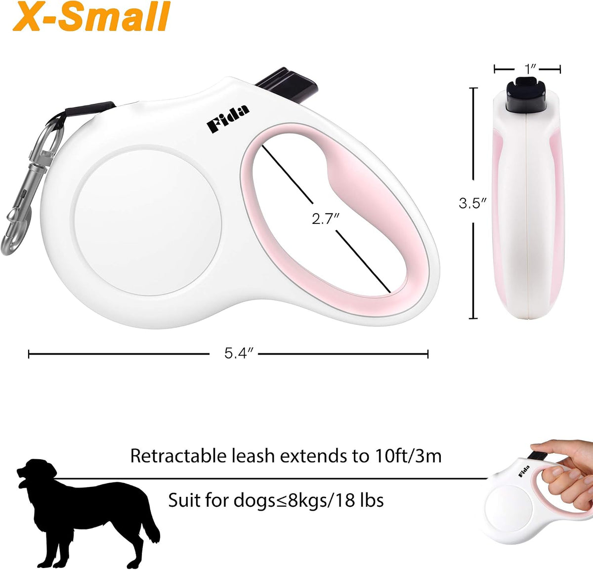 10-Foot Retractable Dog Leash with Integrated Dispenser and Waste Bags in White and Pink