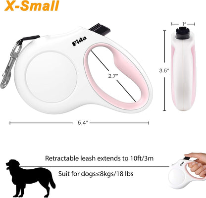 10-Foot Retractable Dog Leash with Integrated Dispenser and Waste Bags in White and Pink