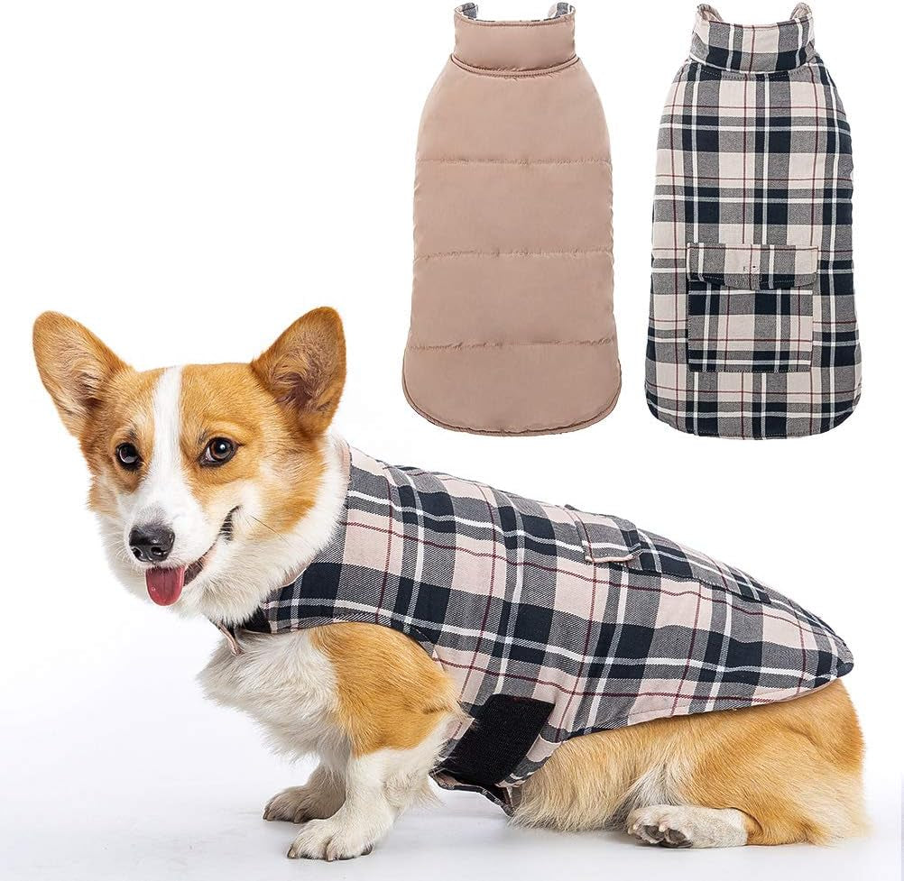 Reversible Dog Winter Jacket - Warm, Windproof & Waterproof Plaid Vest for Small to Large Dogs - Perfect Christmas Coat for Cold Weather - Cream L