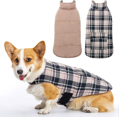 Reversible Dog Winter Jacket - Warm, Windproof & Waterproof Plaid Vest for Small to Large Dogs - Perfect Christmas Coat for Cold Weather - Cream L