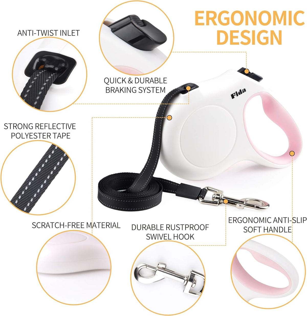 10-Foot Retractable Dog Leash with Integrated Dispenser and Waste Bags in White and Pink