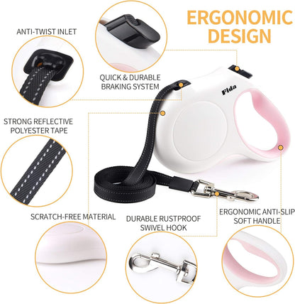 10-Foot Retractable Dog Leash with Integrated Dispenser and Waste Bags in White and Pink