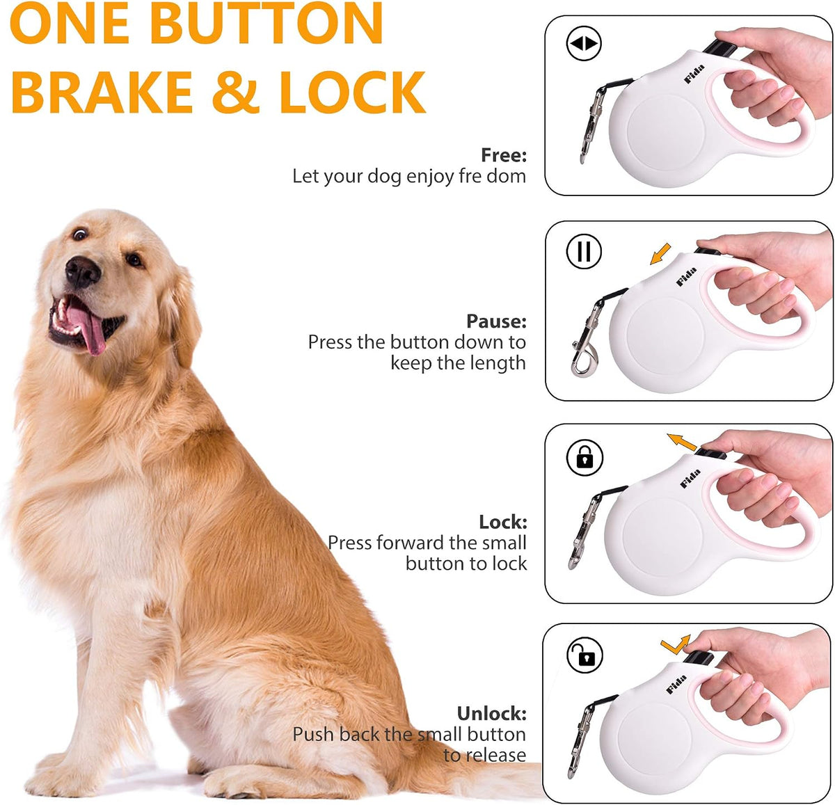 10-Foot Retractable Dog Leash with Integrated Dispenser and Waste Bags in White and Pink