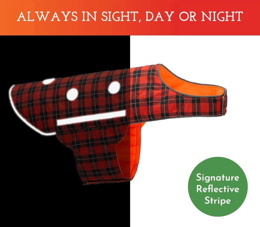 Reversible Reflective Dog Vest - High Visibility Safety Apparel for Walking, Hiking & Hunting (Blaze Orange & Red Plaid, XL)