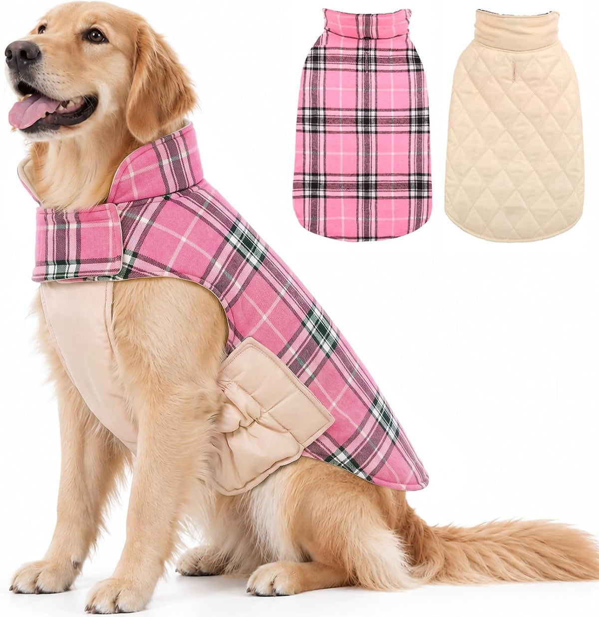 Dog Jacket for Winter,Reversible Dog Coat with Leash Hole, Pink, 3XL
