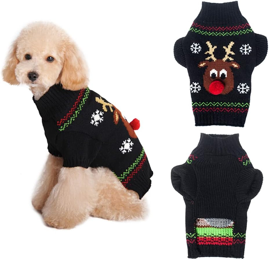 Festive Deer Reindeer Pet Sweater - Cozy Winter Wear for Cats & Dogs (Red Nose, X-Small)