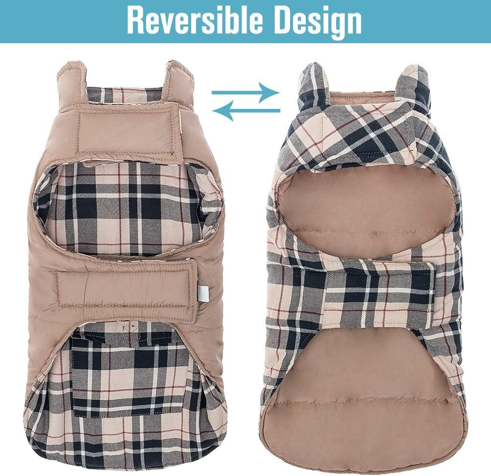 Reversible Dog Winter Jacket - Warm, Windproof & Waterproof Plaid Vest for Small to Large Dogs - Perfect Christmas Coat for Cold Weather - Cream L