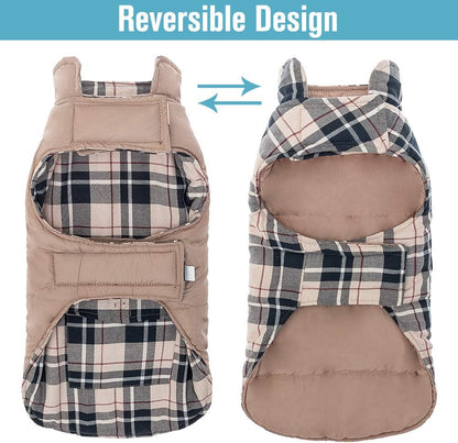 Reversible Dog Winter Jacket - Warm, Windproof & Waterproof Plaid Vest for Small to Large Dogs - Perfect Christmas Coat for Cold Weather - Cream L