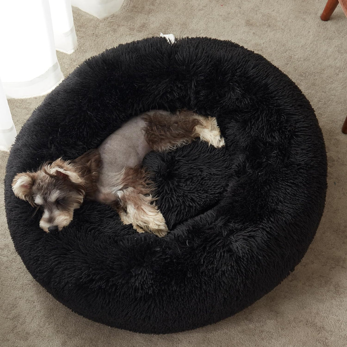 Cozy Black Calming Donut Cat Bed & Small Dog Bed - 20" Washable Comfort