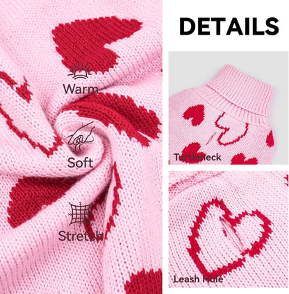 Charming Turtleneck Heart Sweater Dress for Dogs - Perfect Valentine's Outfit!
