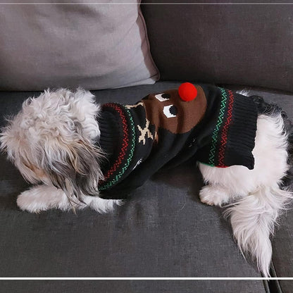 Festive Deer Reindeer Pet Sweater - Cozy Winter Wear for Cats & Dogs (Red Nose, X-Small)
