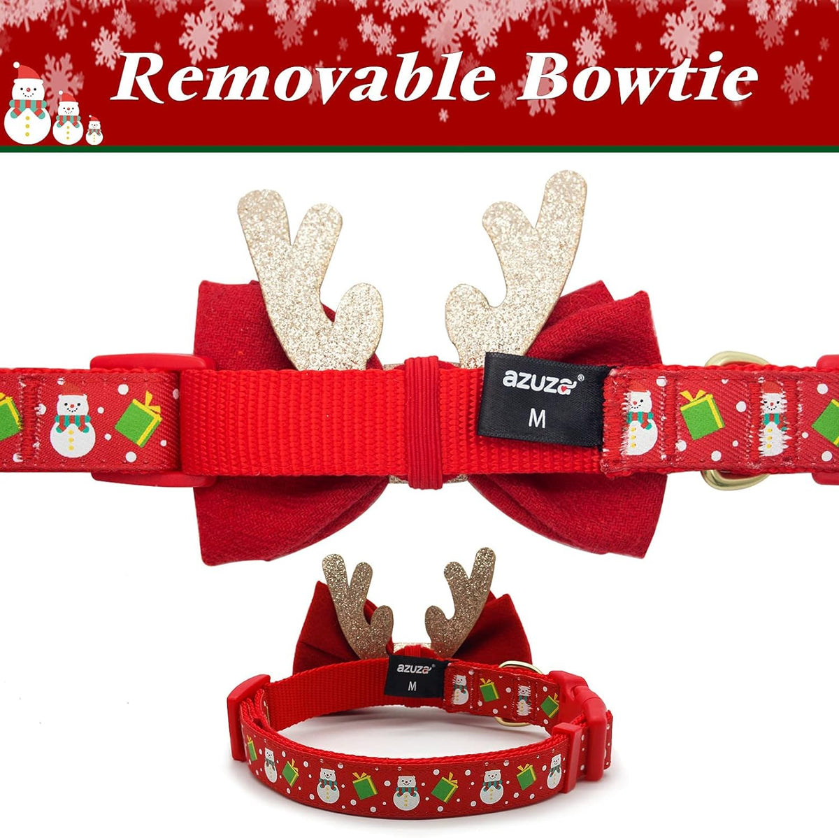Festive Adjustable Christmas Dog Collar with Antler Bow Tie & Snowman Accessory for Medium Dogs