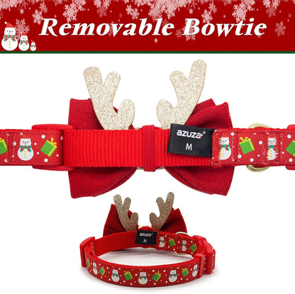 Festive Adjustable Christmas Dog Collar with Antler Bow Tie & Snowman Accessory for Medium Dogs