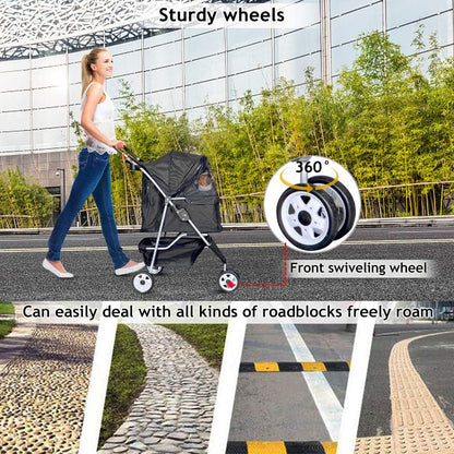 Lightweight 3-Wheel Pet Stroller for Small to Medium Dogs & Cats - Foldable, Breathable Mesh, Weather Cover & Storage Basket - Ideal for Daily Walks & Outdoor Travel (Black)
