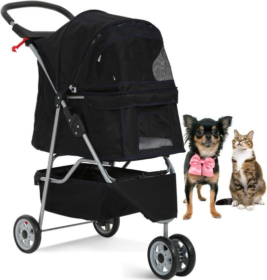 Lightweight 3-Wheel Pet Stroller for Small to Medium Dogs & Cats - Foldable, Breathable Mesh, Weather Cover & Storage Basket - Ideal for Daily Walks & Outdoor Travel (Black)