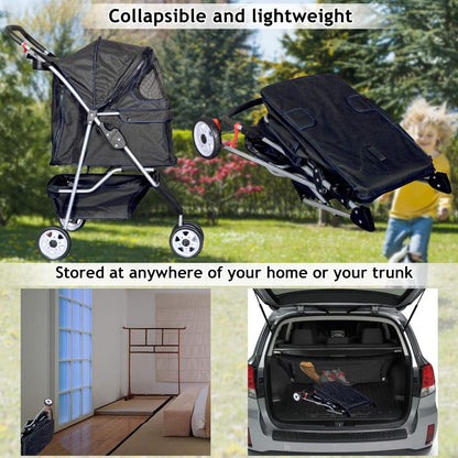 Lightweight 3-Wheel Pet Stroller for Small to Medium Dogs & Cats - Foldable, Breathable Mesh, Weather Cover & Storage Basket - Ideal for Daily Walks & Outdoor Travel (Black)