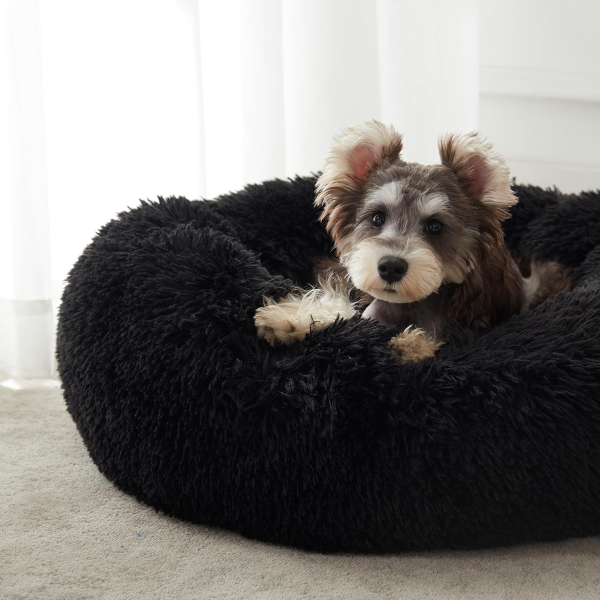 Cozy Black Calming Donut Cat Bed & Small Dog Bed - 20" Washable Comfort
