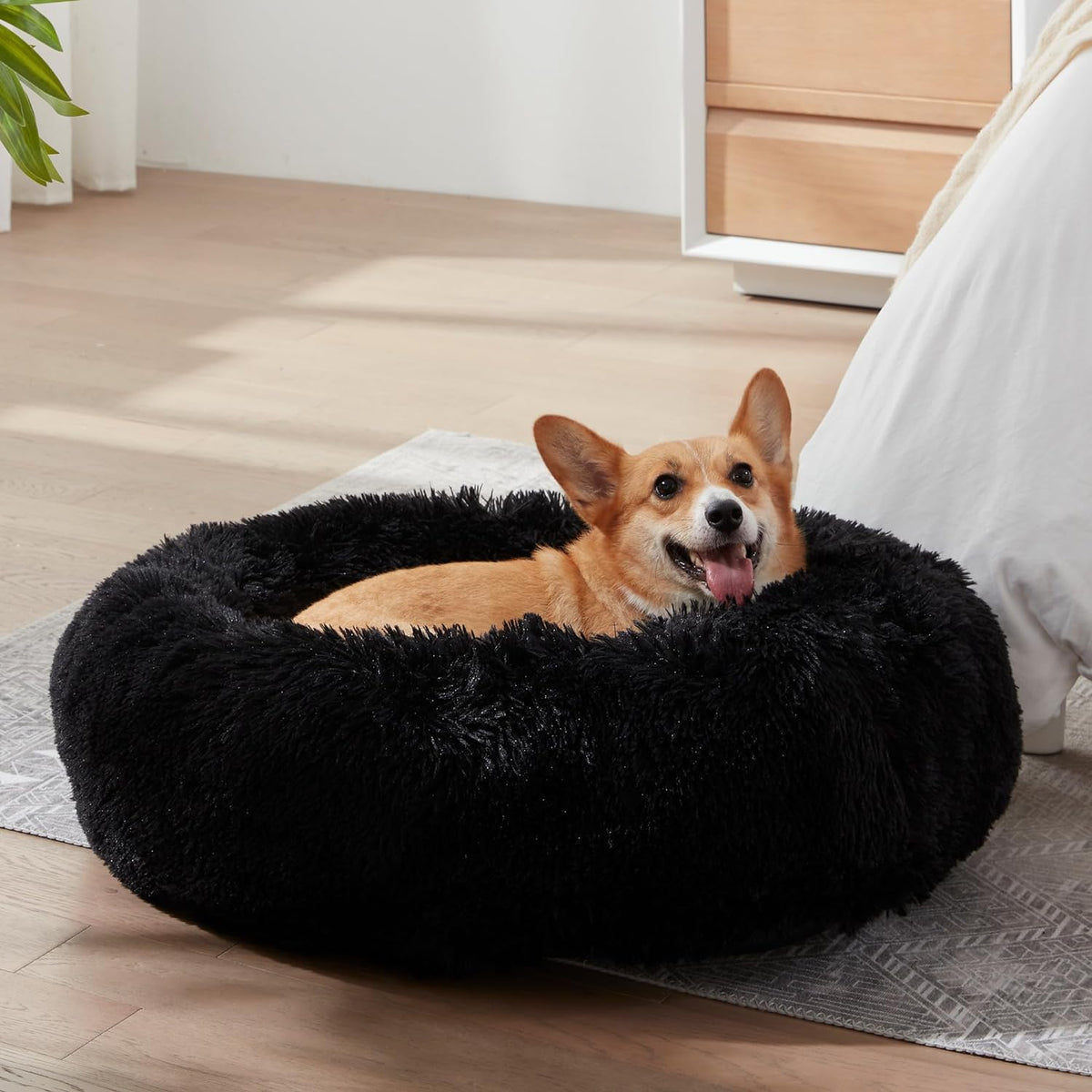 Cozy Black Calming Donut Cat Bed & Small Dog Bed - 20" Washable Comfort