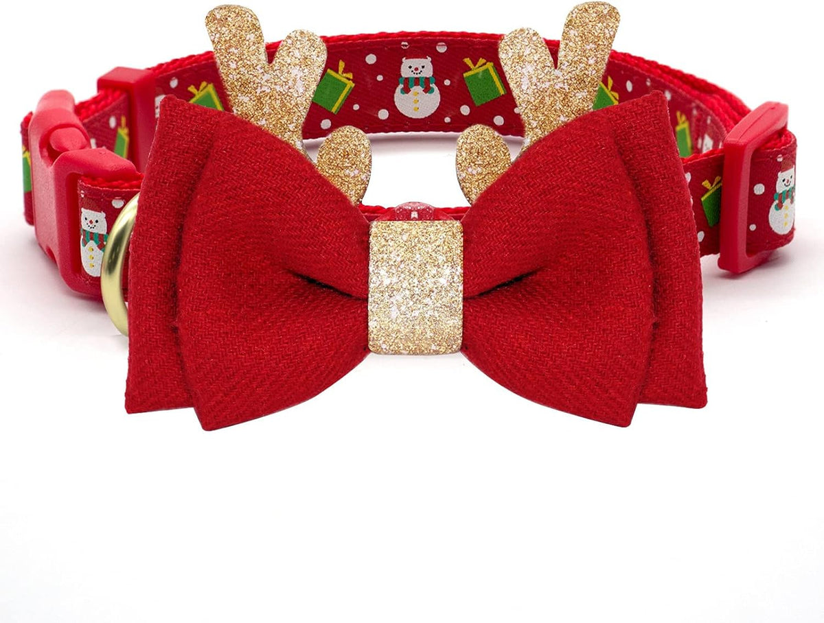 Festive Adjustable Christmas Dog Collar with Antler Bow Tie & Snowman Accessory for Medium Dogs
