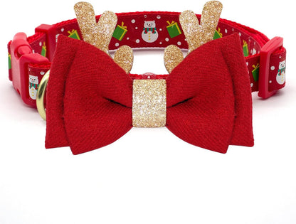Festive Adjustable Christmas Dog Collar with Antler Bow Tie & Snowman Accessory for Medium Dogs