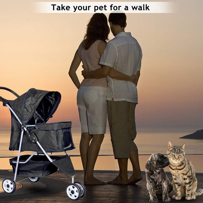 Lightweight 3-Wheel Pet Stroller for Small to Medium Dogs & Cats - Foldable, Breathable Mesh, Weather Cover & Storage Basket - Ideal for Daily Walks & Outdoor Travel (Black)