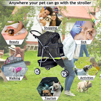 Lightweight 3-Wheel Pet Stroller for Small to Medium Dogs & Cats - Foldable, Breathable Mesh, Weather Cover & Storage Basket - Ideal for Daily Walks & Outdoor Travel (Black)