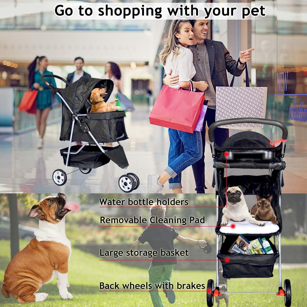 Lightweight 3-Wheel Pet Stroller for Small to Medium Dogs & Cats - Foldable, Breathable Mesh, Weather Cover & Storage Basket - Ideal for Daily Walks & Outdoor Travel (Black)