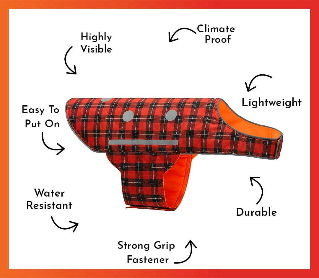 Reversible Reflective Dog Vest - High Visibility Safety Apparel for Walking, Hiking & Hunting (Blaze Orange & Red Plaid, XL)