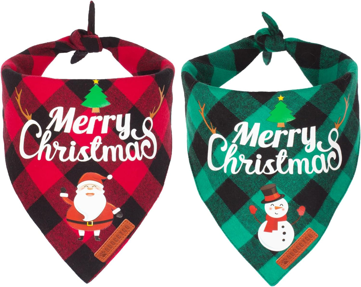 Holiday Cheer 2-Pack Dog Bandanas - Classic Plaid Santa & Snowman Kerchiefs for Medium & Large Pets