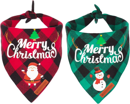 Holiday Cheer 2-Pack Dog Bandanas - Classic Plaid Santa & Snowman Kerchiefs for Medium & Large Pets