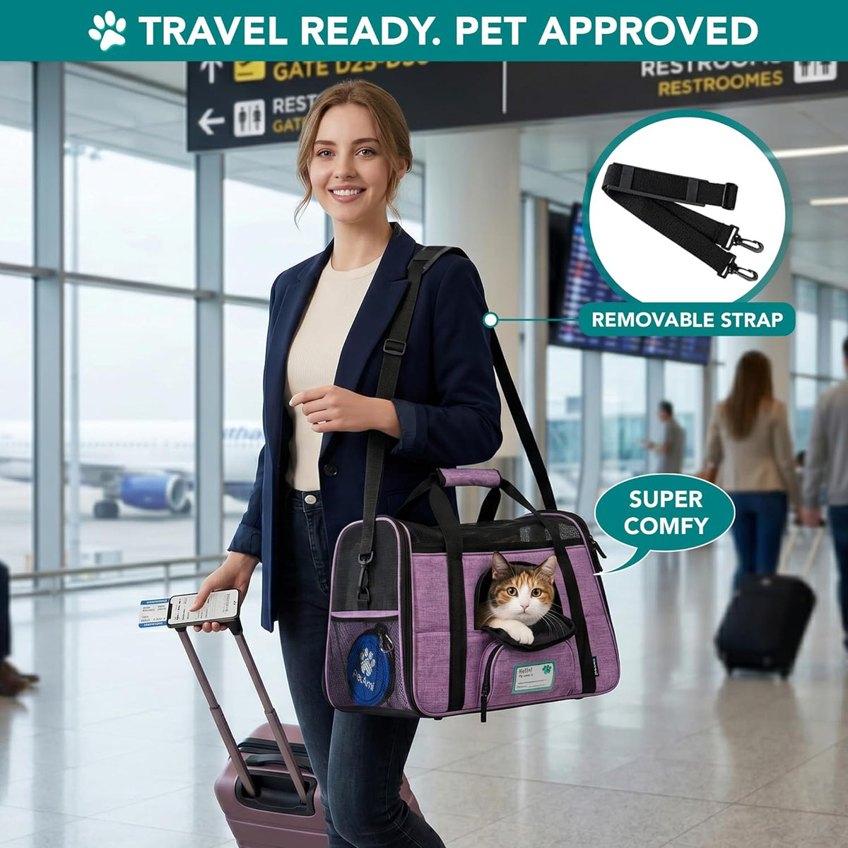 Large Heather Purple Airline Approved Pet Carrier for Cats & Small Dogs