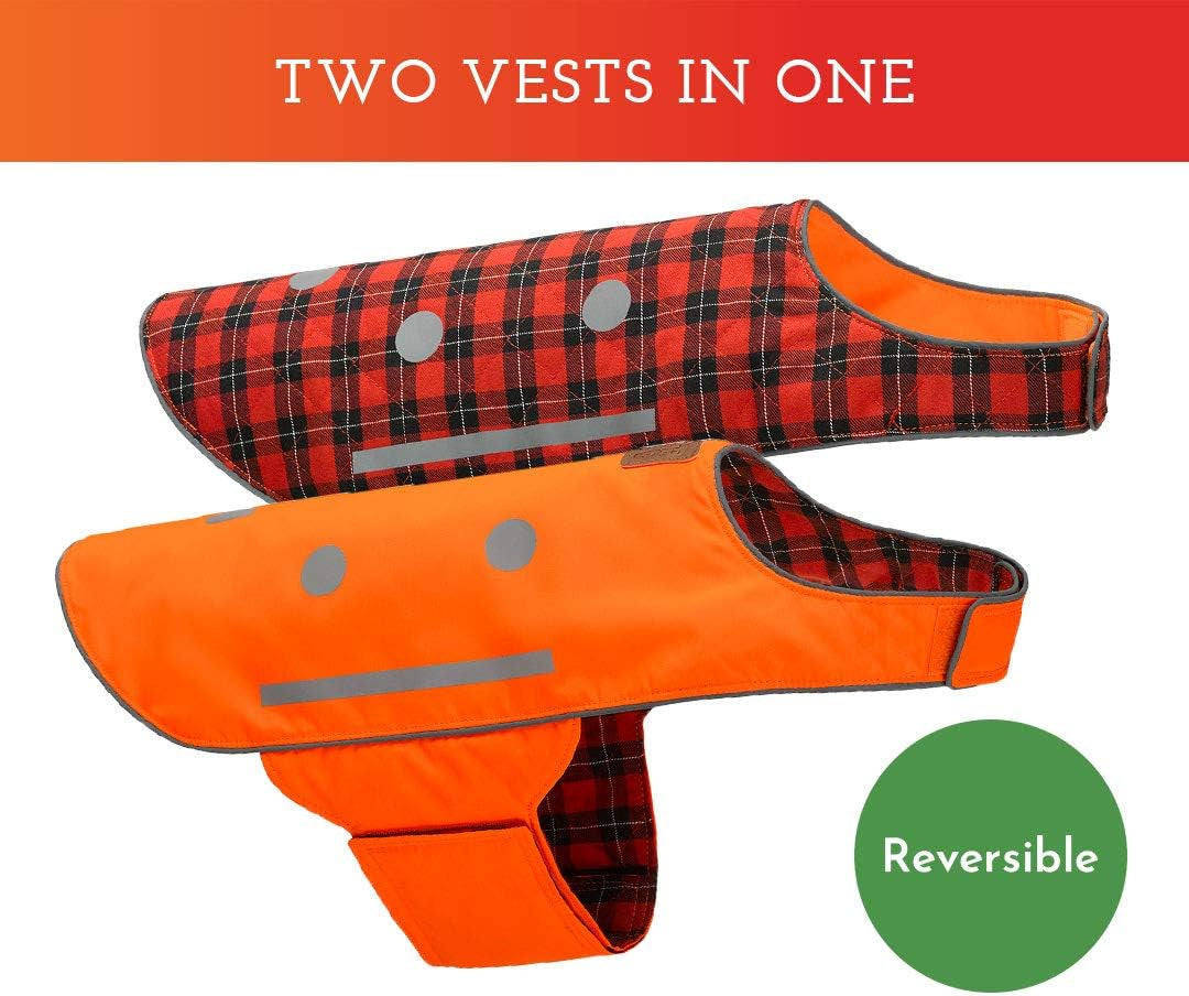 Reversible Reflective Dog Vest - High Visibility Safety Apparel for Walking, Hiking & Hunting (Blaze Orange & Red Plaid, XL)